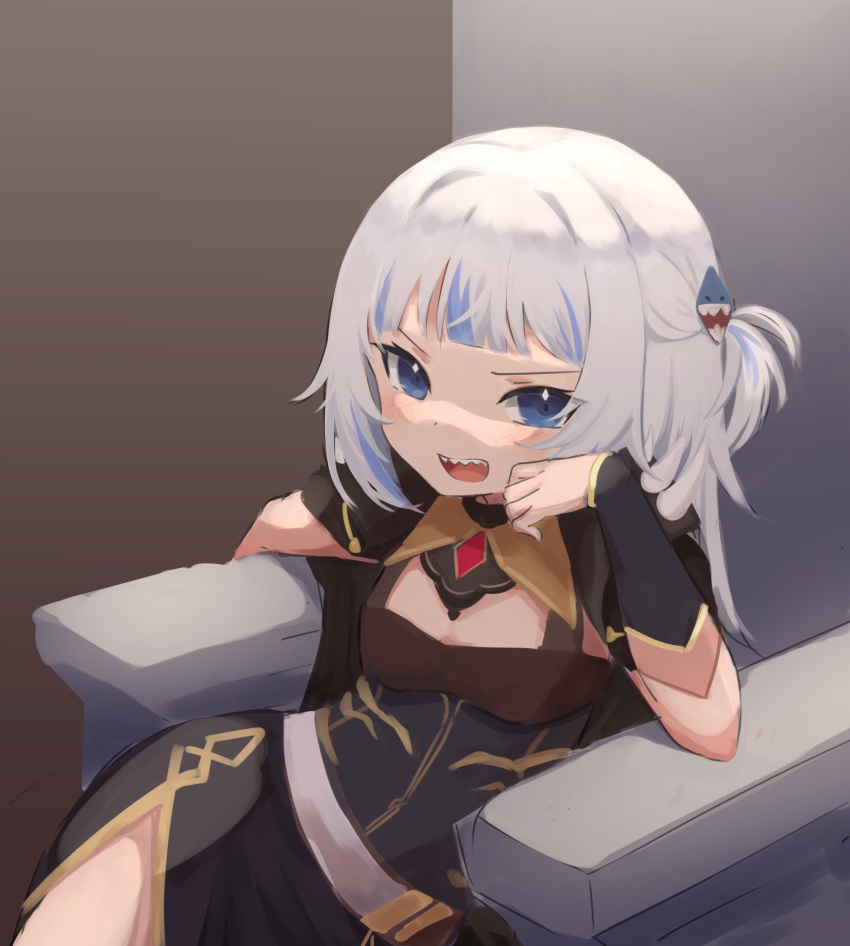 1girl absurdres blue_eyes cosplay flat_chest gawr_gura highres hololive hololive_english klaius looking_at_viewer mori_calliope mori_calliope_(cosplay) open_mouth sharp_teeth sitting solo teeth throne virtual_youtuber white_hair