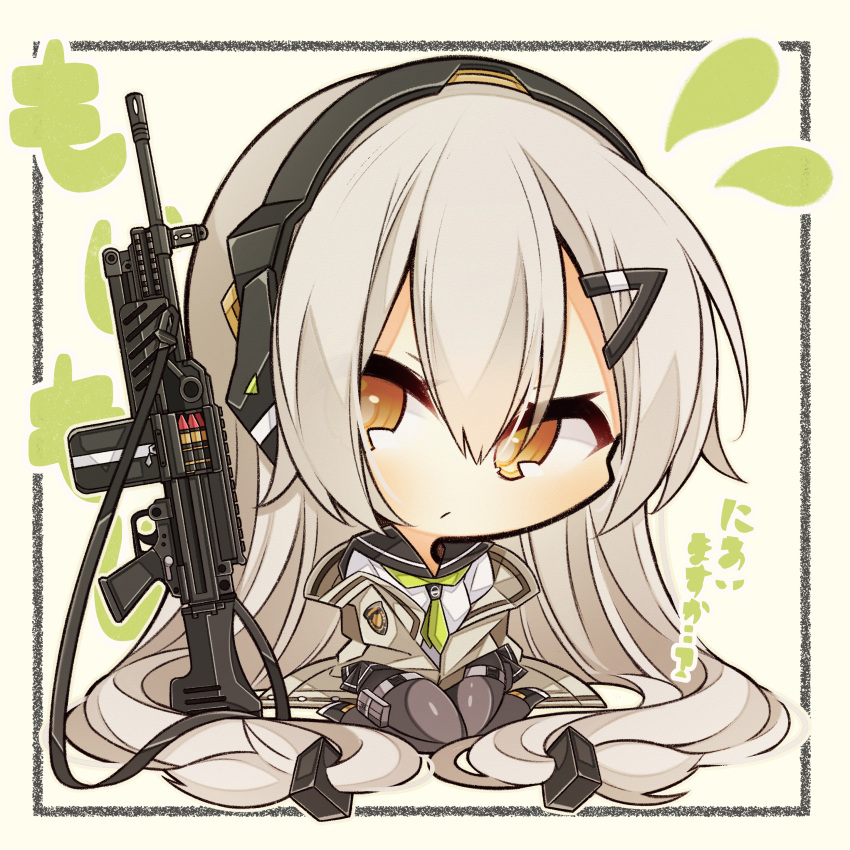 1girl 7:08 absurdres alternate_costume black_footwear black_skirt chibi closed_mouth commentary_request eyebrows_visible_through_hair full_body girls_frontline green_neckwear gun h&amp;k_mg4 hair_between_eyes hair_ornament hairclip highres jacket long_hair long_sleeves looking_at_viewer machine_gun mg4_(girls_frontline) orange_eyes pantyhose school_uniform seiza serafuku silver_hair sitting skirt solo translation_request very_long_hair weapon