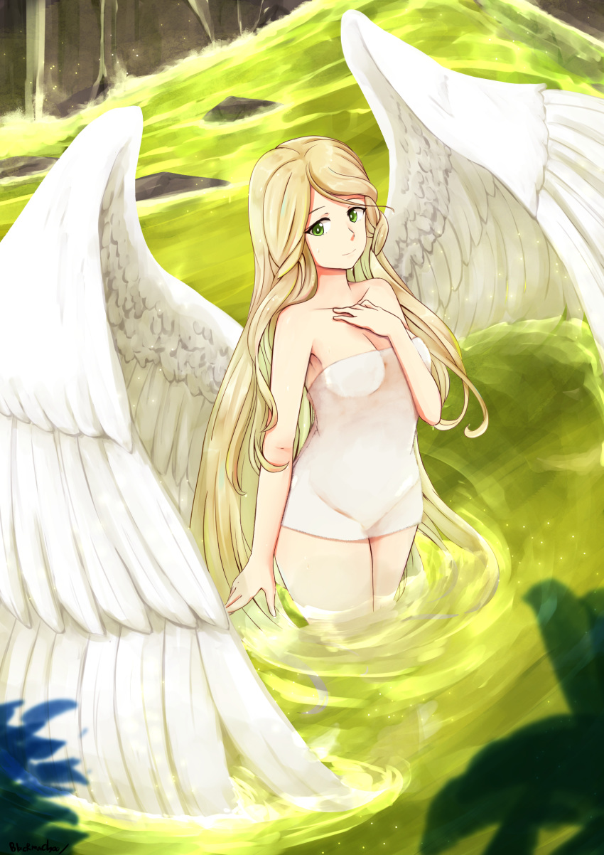1girl angel_wings bath bathing blackma_(pagus0012) blonde_hair collarbone feathered_wings fire_emblem fire_emblem:_radiant_dawn fire_emblem_heroes green_eyes hand_on_own_chest highres leanne_(fire_emblem) long_hair naked_towel onsen partially_submerged rock smile solo towel water white_towel white_wings wings