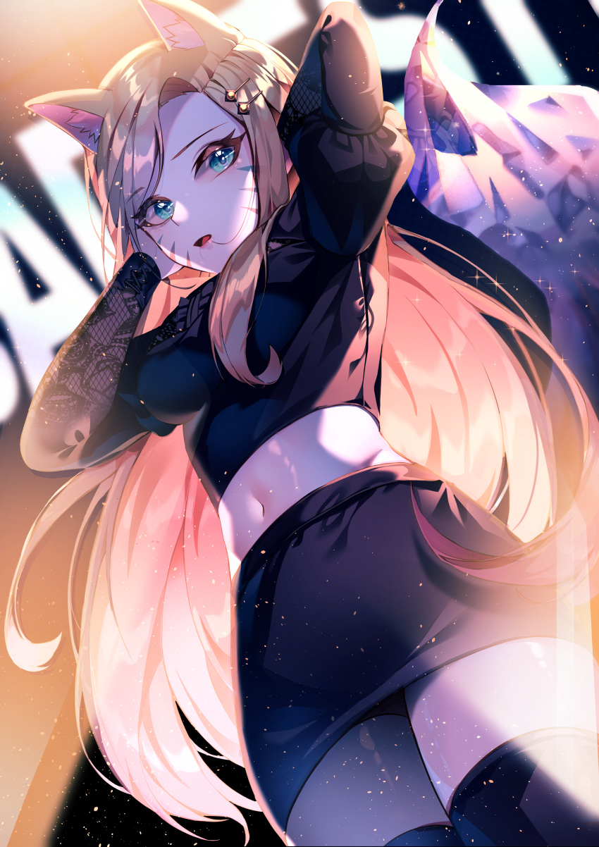 1girl absurdres ahri animal_ears blonde_hair blue_eyes breasts crystal_tail fox_ears fox_girl from_below highres hiya_(lww3257) league_of_legends long_hair looking_to_the_side medium_breasts navel open_mouth solo the_baddest_ahri thigh-highs