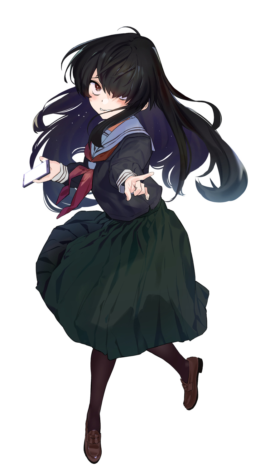 1girl absurdres ahoge bangs black_hair black_serafuku blush brown_eyes brown_footwear brown_legwear cellphone commentary_request full_body green_skirt hair_between_eyes hair_over_one_eye highres holding holding_phone izumozaki_neneko kitou_sakeru long_hair long_skirt long_sleeves looking_at_viewer pantyhose parted_lips phone pointing pointing_at_viewer red_neckwear school_uniform serafuku shironagasushima_heno_kikan shoes simple_background skirt smartphone solo standing white_background