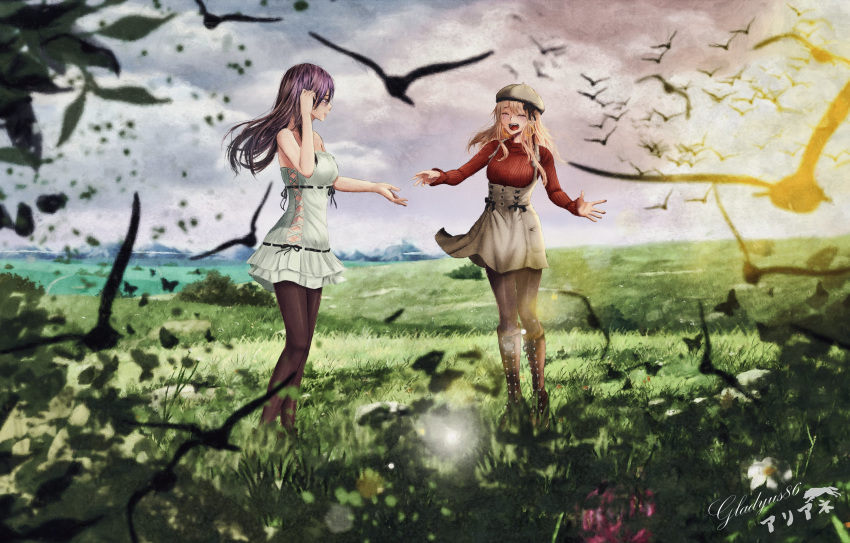 2girls :d ^_^ absurdres aihara_mei aihara_yuzu artist_name bird black_footwear black_hair black_legwear blonde_hair boots brown_headwear citrus_(saburouta) closed_eyes commentary couple cross-laced_clothes cross-laced_footwear cross-laced_slit dress earrings gladyus86 grass hat highres hoop_earrings jewelry knee_boots lace-trimmed_dress lace_trim long_hair mixed-language_commentary multiple_girls open_mouth outdoors pantyhose red_sweater signature smile step-siblings strapless strapless_dress sweater thigh-highs violet_eyes white_dress wife_and_wife