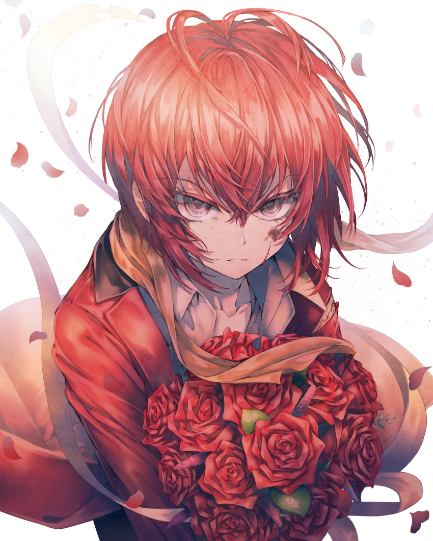 1boy absurdres antenna_hair bangs blood blood_on_face bouquet coat flower from_above frown grey_eyes hair_between_eyes highres holding holding_bouquet jacket long_sleeves looking_at_viewer male_focus petals red_coat red_flower red_rose redhead ribbon riddle_rosehearts rose shirt simple_background solo twisted_wonderland uko_magi untied white_background white_shirt
