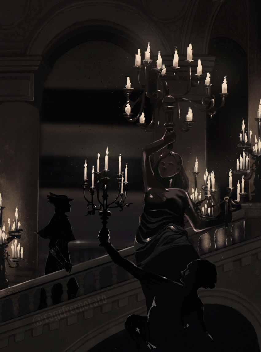 1other absurdres arch bloodborne cagefreepotato candelabra capelet coat dark from_side full_body handrail hat highres hunter_(bloodborne) long_coat looking_away scenery silhouette solo stairs statue tricorne twitter_username vambraces wide_shot