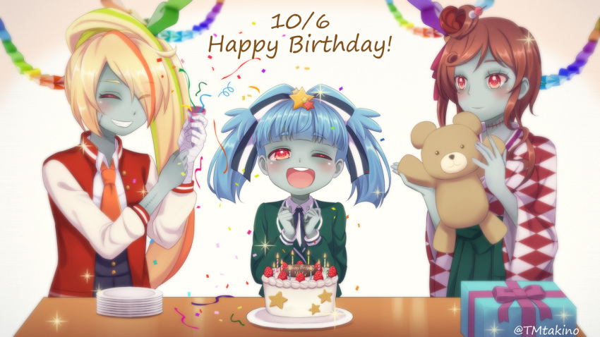 3girls :d arms_up birthday birthday_cake blonde_hair blue_hair blue_skin blush box brown_hair cake checkered checkered_kimono closed_eyes commentary_request confetti dated english_text eyes_visible_through_hair food gift gift_box green_hakama green_jacket grin hair_ornament hair_over_one_eye hair_ribbon hakama happy_birthday highres holding holding_stuffed_toy hoshikawa_lily jacket japanese_clothes kimono looking_at_another multicolored_hair multiple_girls necktie nikaidou_saki one_eye_closed open_clothes open_jacket open_mouth orange_neckwear party_popper plate_stack red_eyes red_jacket ribbon short_hair simple_background smile sparkle star_(symbol) star_hair_ornament streaked_hair streamers stuffed_animal stuffed_toy table teddy_bear tomo_takino twitter_username two_side_up upper_body upper_teeth white_background yuugiri_(zombie_land_saga) zombie_land_saga