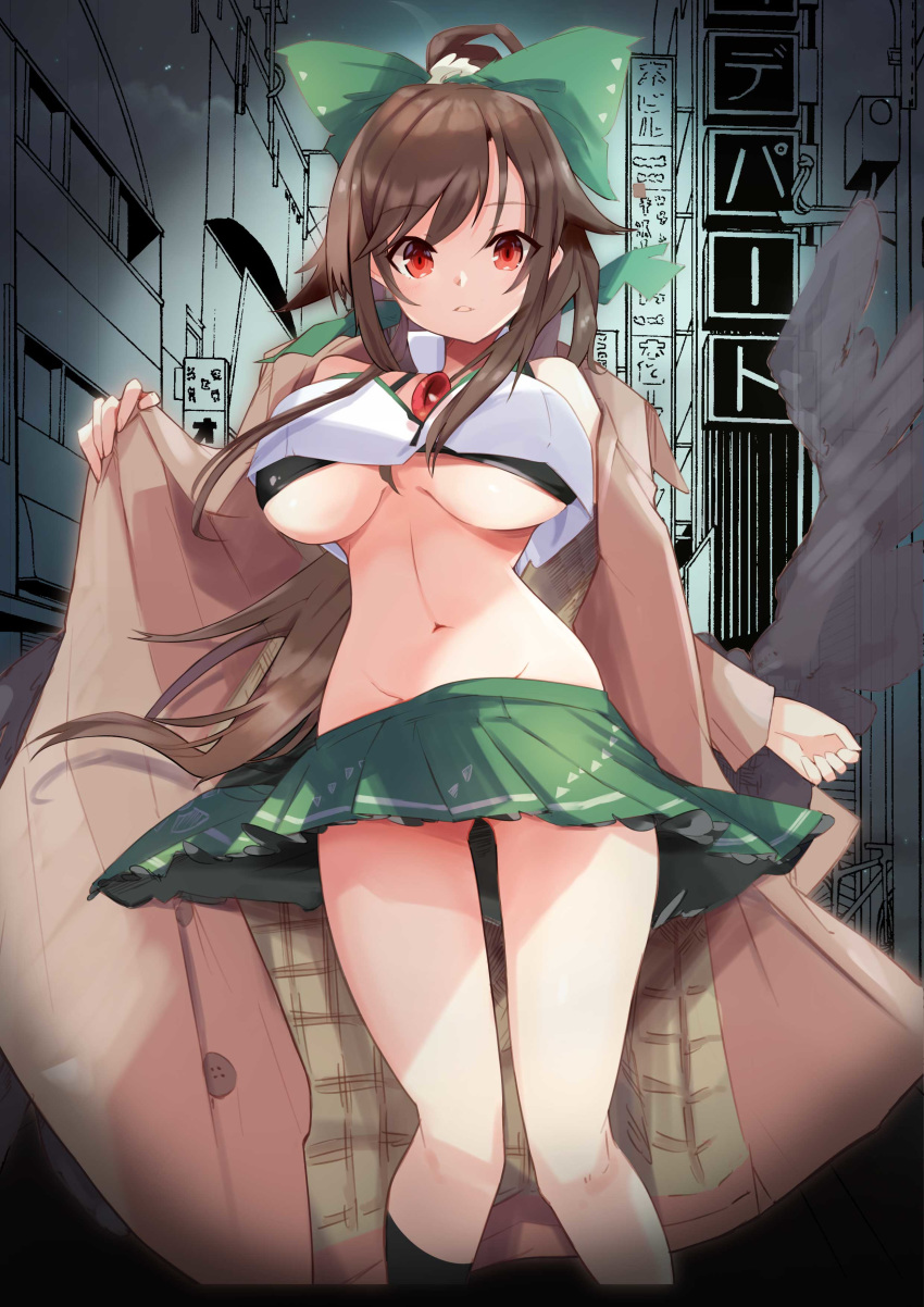 1girl absurdres bare_shoulders bikini bikini_under_clothes black_bikini bow breasts brown_hair coat crop_top green_bow green_skirt groin hair_bow highres large_breasts long_hair long_sleeves looking_at_viewer miniskirt navel open_clothes open_coat parted_lips ponytail red_eyes reiuji_utsuho shirt skirt solo standing stomach swimsuit tetsurou_(fe+) third_eye touhou under_boob white_shirt