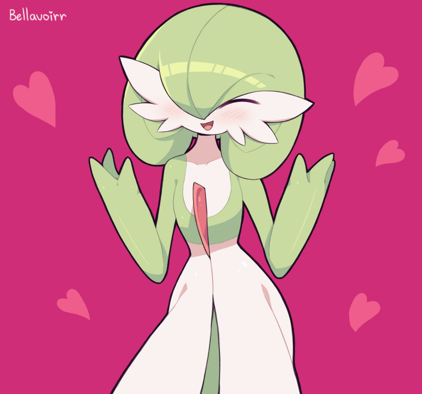 absurdres artist_name bellavoirr blush closed_eyes collarbone commentary gardevoir gen_3_pokemon hands_up heart highres open_mouth outline pink_background pokemon pokemon_(creature) shiny smile solo tongue white_skin