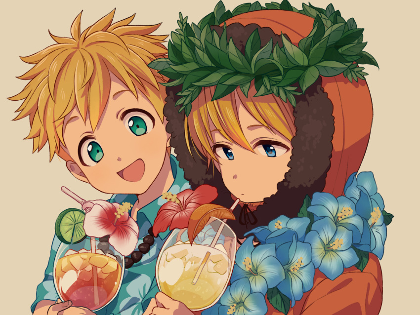 2boys :d bangs blonde_hair blue_eyes brown_background closed_mouth collared_shirt commentary_request cup drinking_glass drinking_straw expressionless floral_print flower food fruit green_shirt hair_between_eyes happy hawaiian_shirt head_wreath highres holding holding_cup hood hood_up kenny_mccormick lei lemon lemon_slice looking_at_viewer male_focus multiple_boys open_mouth orange orange_slice parka print_shirt sayshownen shirt short_hair short_sleeves simple_background smile south_park spiky_hair tropical_drink tweek_tweak