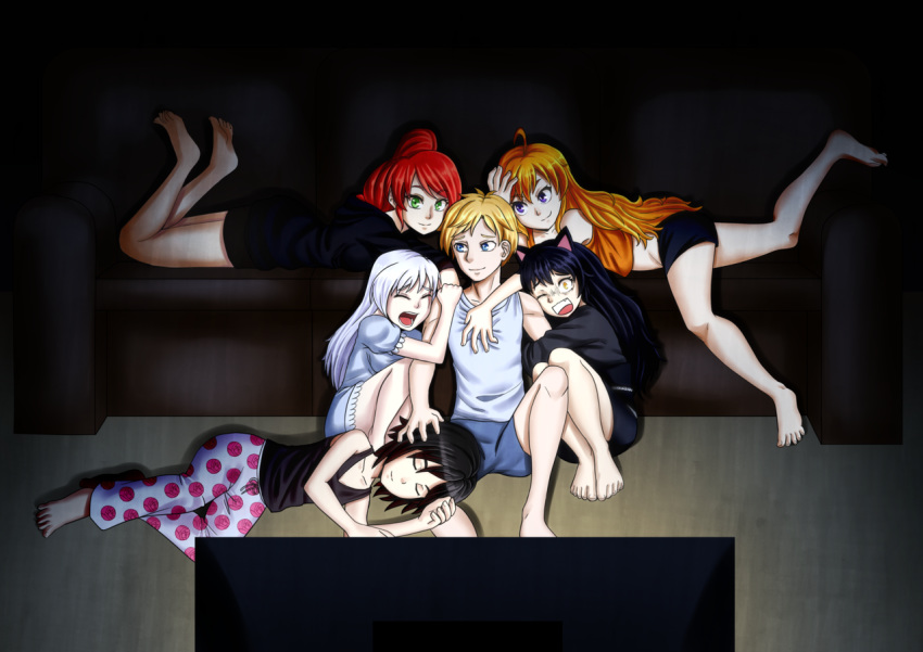 1boy 5girls ahoge animal_ears artist_request barefoot black_hair blake_belladonna blonde_hair blue_eyes cat_ears cat_girl closed_eyes closed_mouth commentary commission english_commentary gradient_hair green_eyes harem indoors jaune_arc long_hair lying lying_on_person multicolored_hair multiple_girls on_stomach one_eye_closed open_mouth pajamas ponytail pyrrha_nikos redhead ruby_rose rwby short_hair silver_hair sitting sleeping violet_eyes wavy_hair weiss_schnee yang_xiao_long yellow_eyes