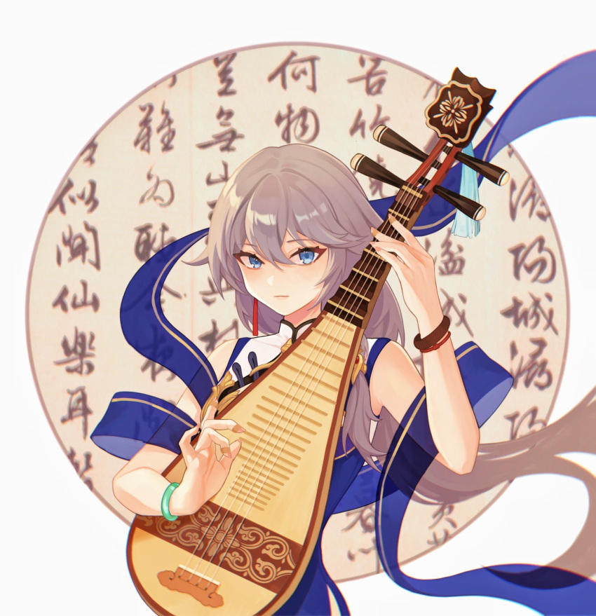 1girl bangs bare_shoulders black_hair blue_eyes bracelet china_dress chinese_clothes chinese_text closed_mouth dress fu_hua fu_hua_(valkyrie_accipter) hair_between_eyes highres holding holding_instrument honkai_(series) honkai_impact_3rd instrument jewelry long_hair looking_at_viewer lute_(instrument) music playing_instrument ponytail simple_background solo tutou_jiang white_background
