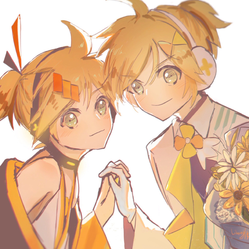2boys aqua_eyes backlighting blonde_hair bouquet collar commentary daisy dual_persona floral_print flower formal gloves hair_ornament hairclip headphones highres holding_hands interlocked_fingers japanese_clothes kagamine_len leaning_forward libertyp39 looking_at_viewer magical_mirai_(vocaloid) male_focus multiple_boys short_ponytail signature smile spiky_hair suit upper_body vocaloid white_background white_gloves white_suit