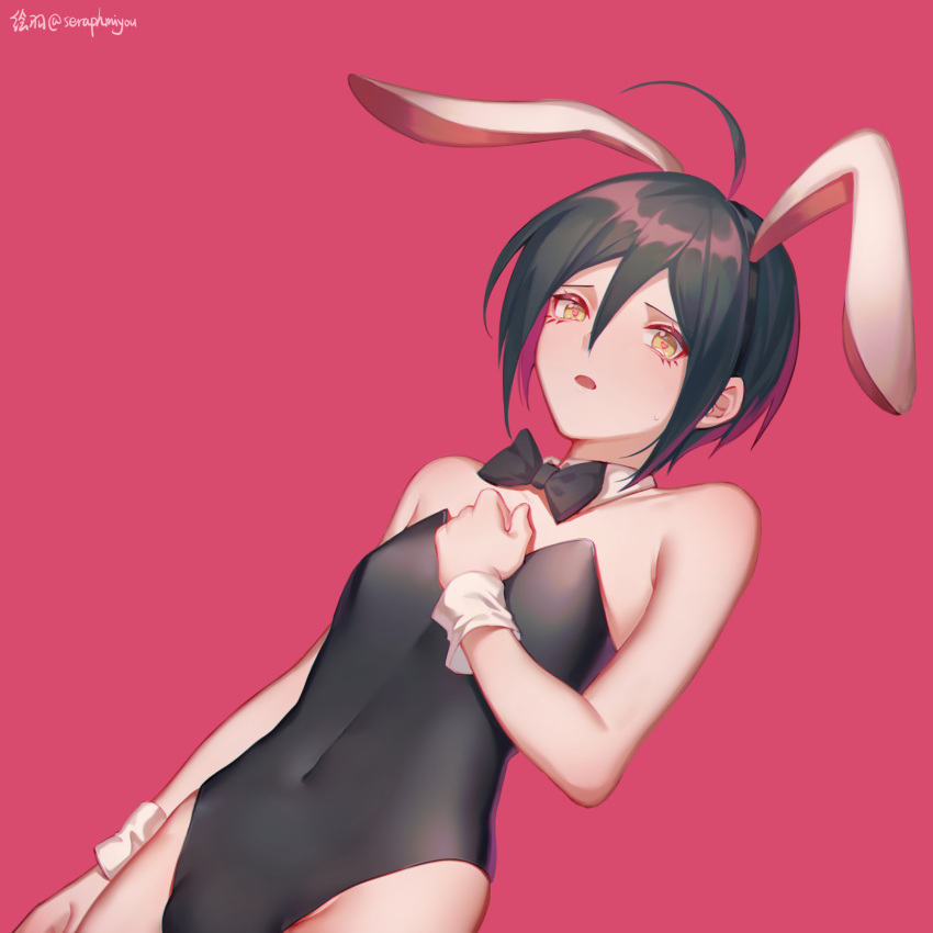 1boy ahoge androgynous animal_ears bare_arms bare_shoulders black_bow black_hair black_leotard bow brown_eyes bulge commentary_request covered_navel dangan_ronpa detached_collar dutch_angle ewa_(seraphhuiyu) fake_animal_ears hand_on_own_chest highres leotard looking_at_viewer male_focus male_playboy_bunny new_dangan_ronpa_v3 pink_background playboy_bunny rabbit_ears saihara_shuuichi short_hair simple_background solo upper_body wrist_cuffs