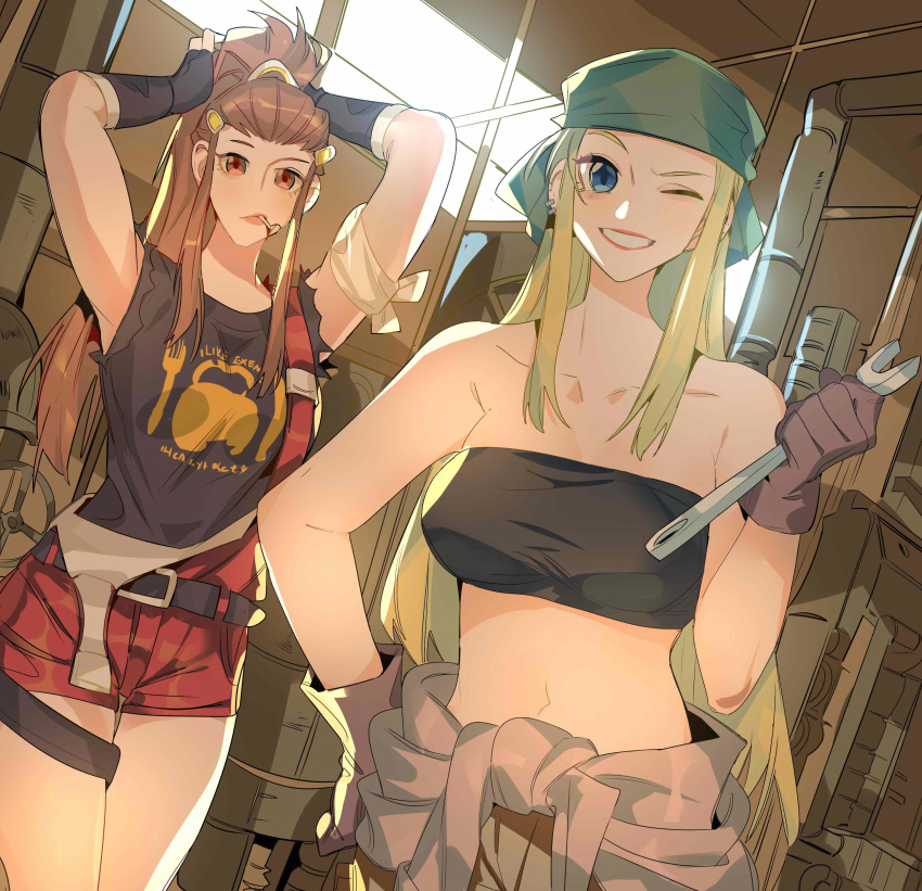 2girls ;d absurdres adjusting_hair backlighting bandaged_arm bandages bandana bare_shoulders black_hair blonde_hair blue_eyes breasts brigitte_(overwatch) brown_gloves brown_hair clothes_around_waist collarbone commentary_request crossover day ear_piercing fingerless_gloves fullmetal_alchemist gloves grin hair_ornament hairclip highres lips lonely_(3296659205) long_hair looking_at_viewer mechanic medium_breasts mouth_hold multiple_girls one_eye_closed open_mouth overwatch piercing ponytail red_eyes shirt shorts sidelocks smile strapless suspender_shorts suspenders suspenders_hanging sweater sweater_around_waist t-shirt trait_connection tubetop winry_rockbell workshop wrench