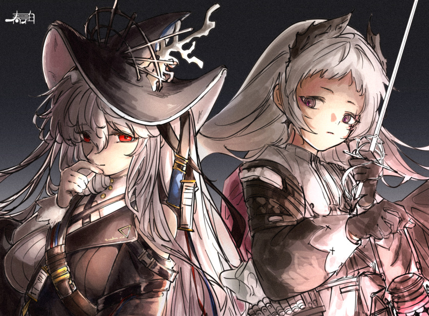 2girls ammunition_belt animal_ears arknights black_background black_dress black_gloves black_headwear dress gloves grey_hair hair_between_eyes hand_on_own_chin harukan_tiusu hat hat_ornament head_wings highres holding holding_sword holding_weapon irene_(arknights) long_hair looking_at_viewer multiple_girls official_alternate_costume pink_dress pink_eyes red_eyes simple_background specter_(arknights) specter_the_unchained_(arknights) sword two-tone_dress upper_body weapon white_dress white_gloves