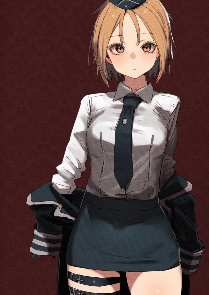 1girl akitaka_takaaki bangs black_headwear black_jacket black_neckwear black_skirt blonde_hair blush breasts brown_eyes closed_eyes eyebrows_visible_through_hair garrison_cap girls_frontline hat highres jacket long_sleeves medium_breasts mp40_(girls_frontline) necktie pencil_skirt red_background removing_jacket shirt short_hair simple_background skirt solo thigh_strap white_shirt