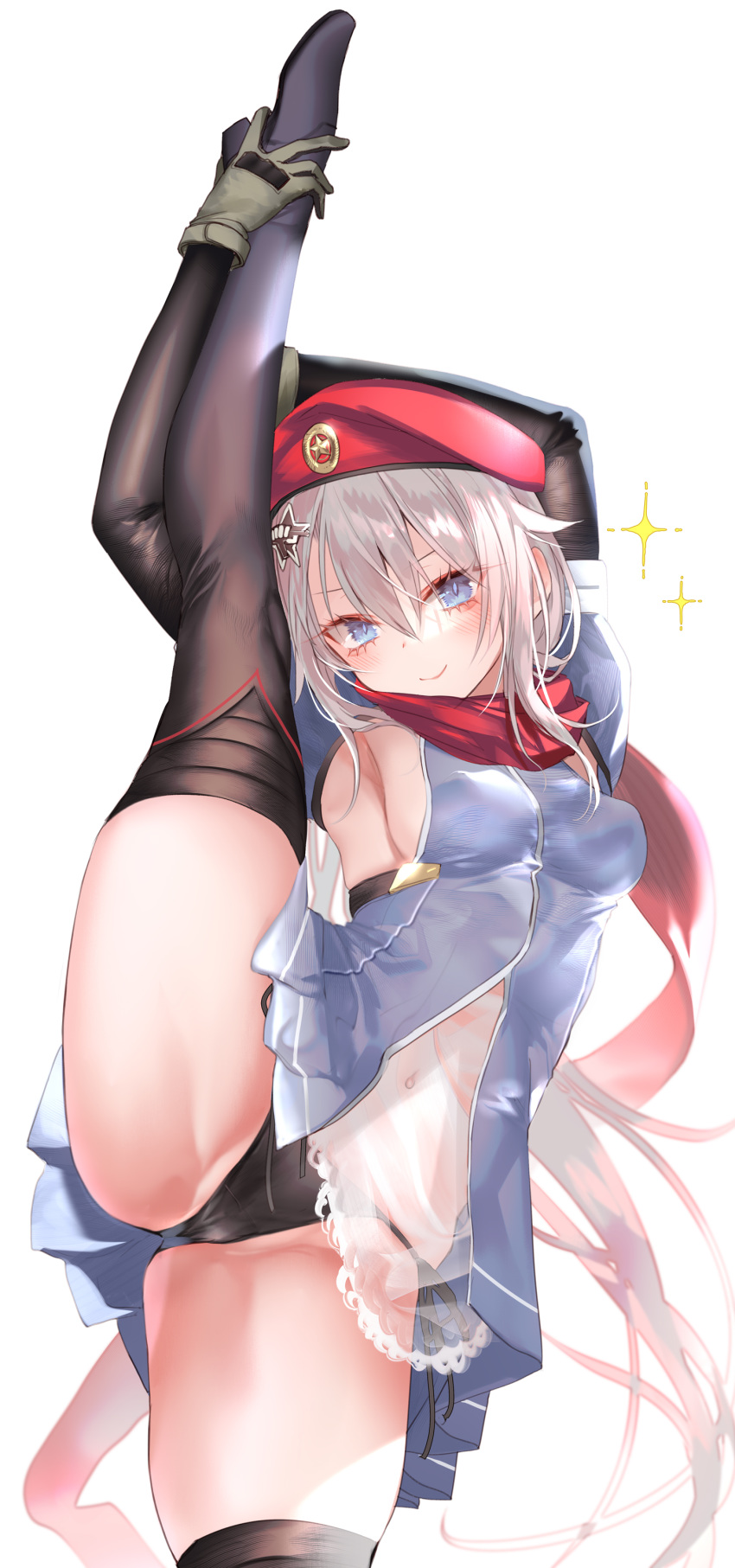 1girl 9a-91_(girls_frontline) absurdres bangs beret black_panties blue_dress blue_eyes blush breasts dress eyebrows_visible_through_hair flexible girls_frontline gloves hair_between_eyes hair_ornament hat highres leg_lift leg_up long_hair looking_at_viewer medium_breasts navel panties pottsness red_scarf scarf see-through silver_hair simple_background smile solo split standing standing_on_one_leg standing_split star_(symbol) star_hair_ornament thigh-highs thighs underwear very_long_hair