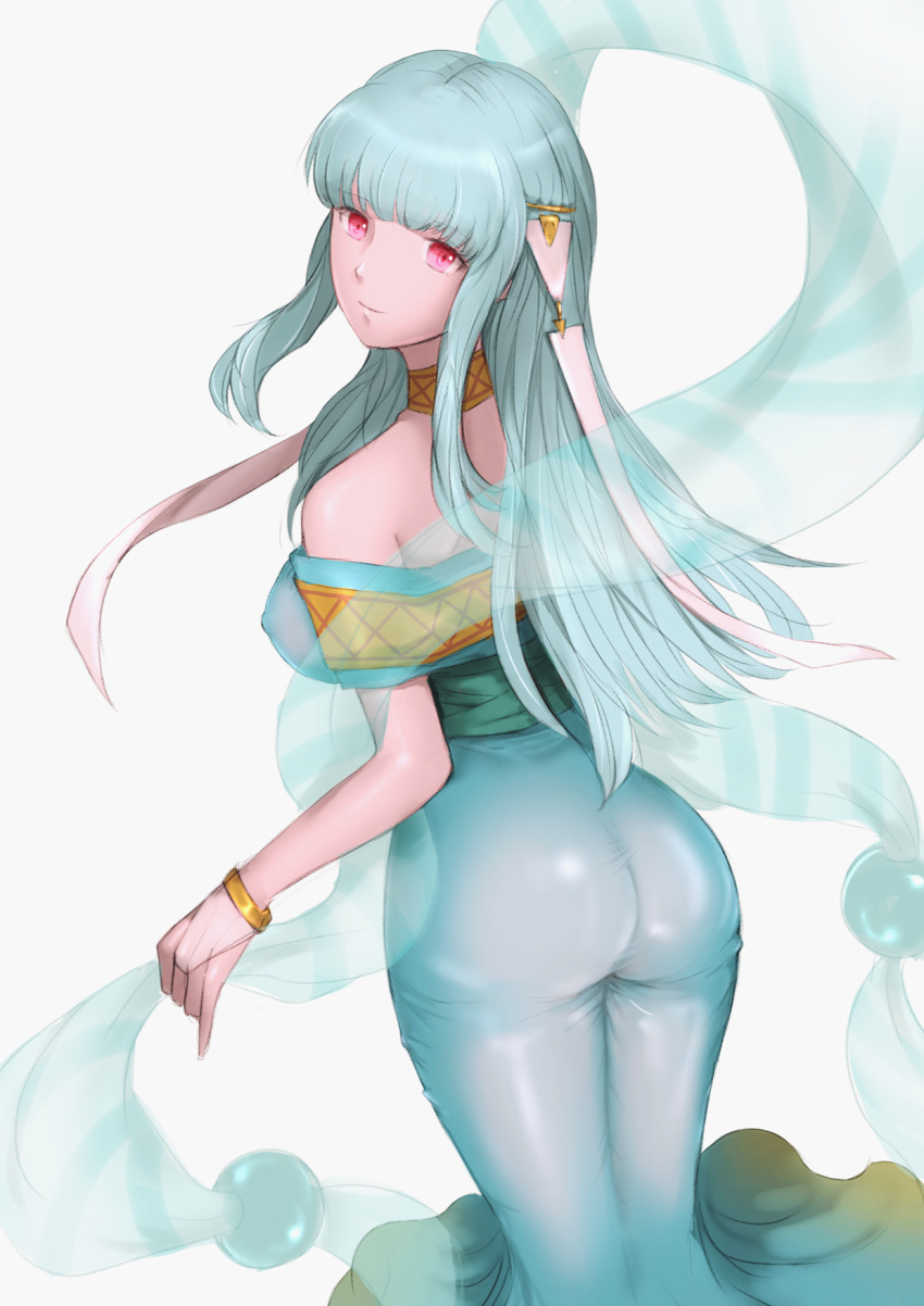 1girl ass bare_shoulders blue_hair breasts dancer fire_emblem fire_emblem:_the_blazing_blade highres jtaka large_breasts light_blue_hair long_hair looking_at_viewer looking_back ninian_(fire_emblem) nipples red_eyes see-through smile solo veil white_background