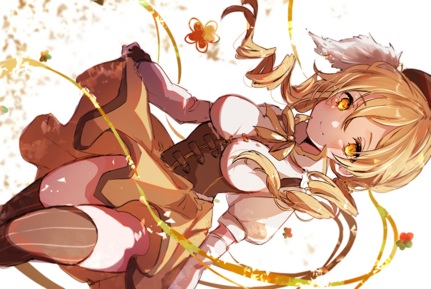 1girl absurdres bangs blonde_hair breasts chigiri_kurenai corset cowboy_shot dress drill_hair fingerless_gloves floral_background gloves hair_ornament hairpin hat highres holding holding_clothes holding_dress kneehighs magical_girl mahou_shoujo_madoka_magica neck_ribbon ribbon smile solo tomoe_mami yellow_eyes