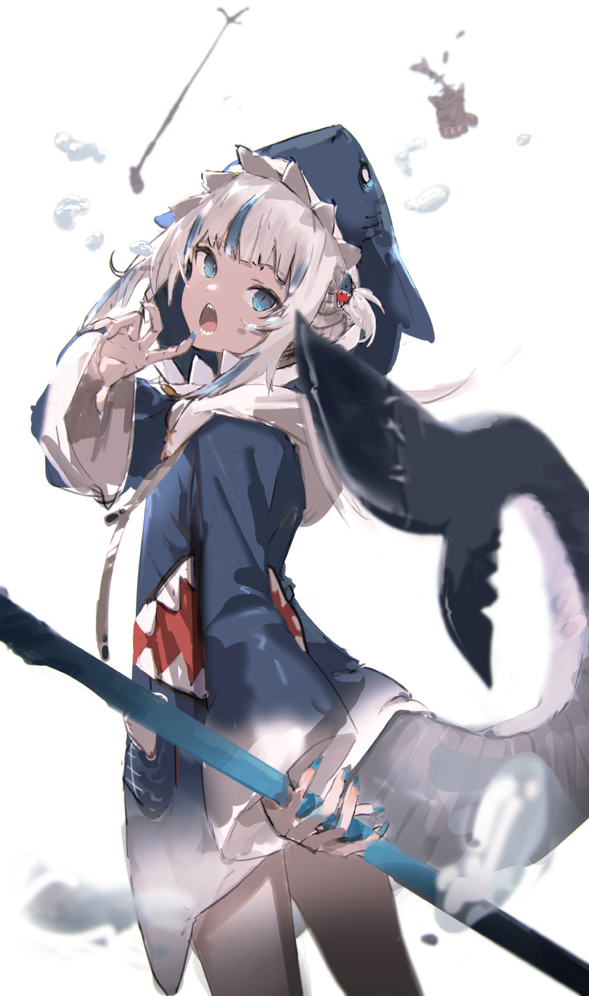 1girl animal_hood bloop_(gawr_gura) blue_eyes blue_hair blue_hoodie blue_nails bubble cowboy_shot fangs gawr_gura highres holding holding_weapon hololive hololive_english hood looking_at_viewer microphone microphone_stand multicolored_hair nail_polish open_mouth polearm shark_hood shark_tail sharp_teeth silver_hair simple_background so-bin solo streaked_hair tail teeth trident two-tone_hair virtual_youtuber weapon white_background
