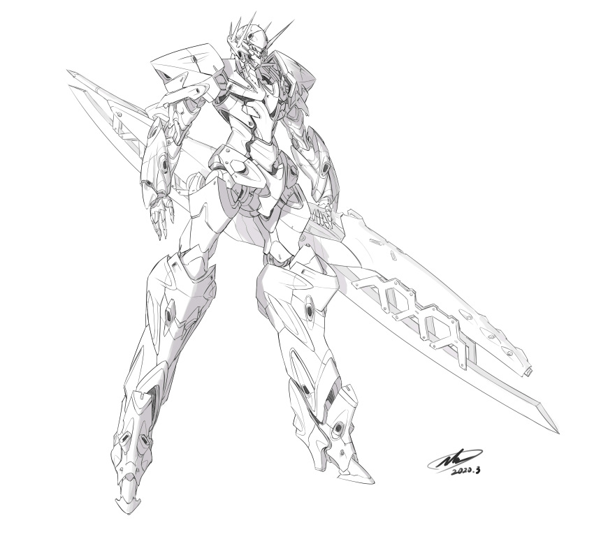 absurdres andrew_leung dated english_commentary highres holding holding_weapon looking_ahead mecha monochrome open_hand original robot signature simple_background sketch solo standing weapon white_background