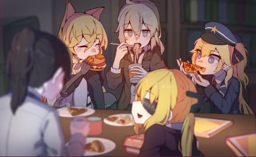 5girls animal_ears black_hair blonde_hair chopsticks commentary_request eating eyepatch female_commander_(girls_frontline) food g41_(girls_frontline) girls_frontline hamburger hat highres llpfmfc long_hair m200_(girls_frontline) mechanical_arm multiple_girls necktie noodles open_mouth pizza police_hat ponytail ramen silver_hair sitting skorpion_(girls_frontline) super_shorty_(girls_frontline)