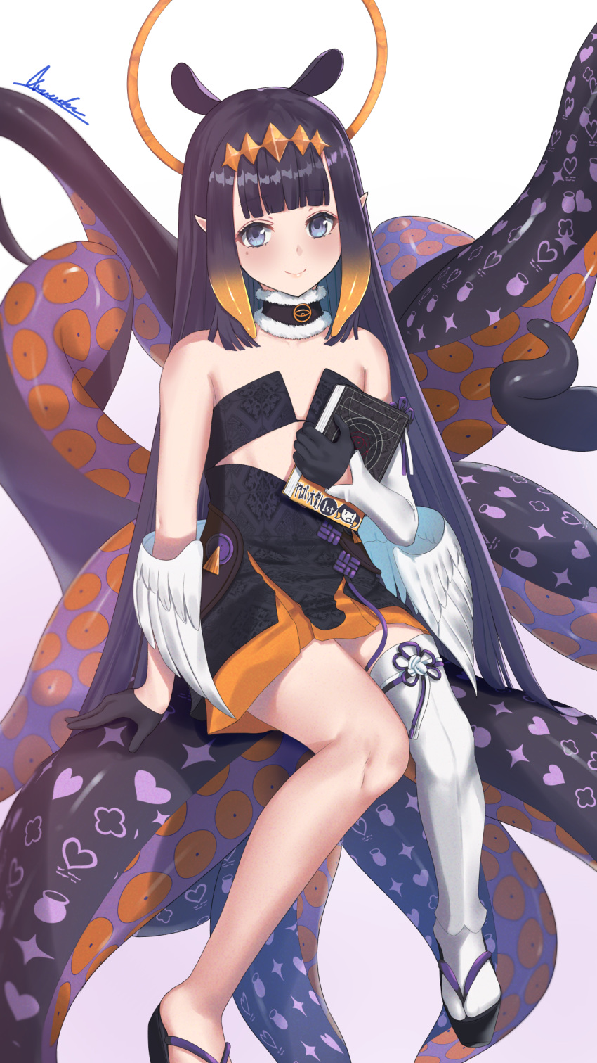 1girl animal_ears asurada_yui bangs bare_shoulders black_dress black_footwear black_gloves black_hair blue_eyes blunt_bangs blush book brown_hair closed_mouth commentary detached_sleeves dress eyebrows_visible_through_hair feathered_wings gloves gradient gradient_background gradient_hair half_gloves halo highres holding holding_book hololive long_hair long_sleeves looking_at_viewer low_wings mole mole_under_eye multicolored_hair ninomae_ina'nis pink_background pointy_ears signature single_detached_sleeve single_thighhigh sitting smile solo strapless strapless_dress tentacles thigh-highs very_long_hair virtual_youtuber white_background white_legwear white_sleeves white_wings wings zouri