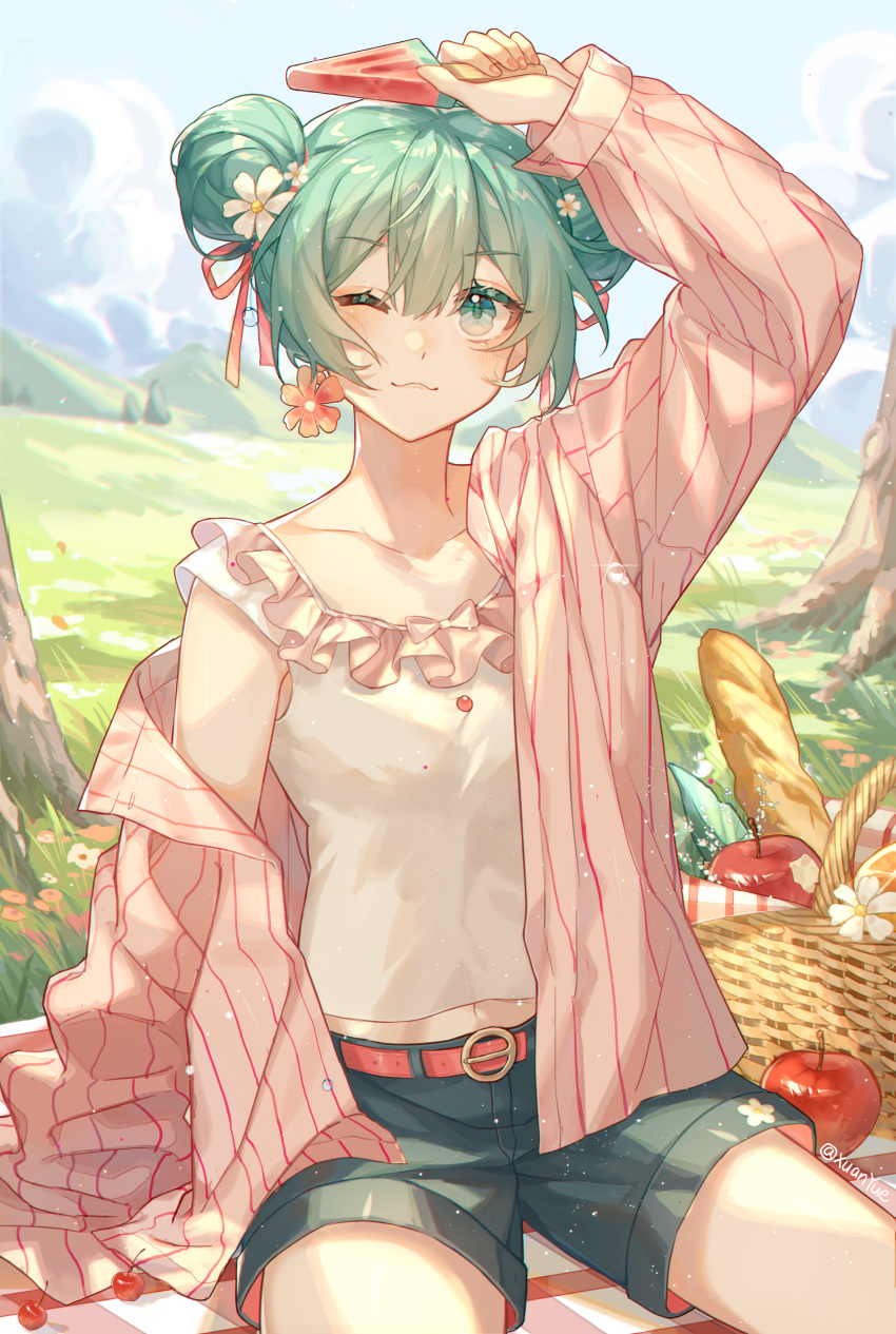 1girl ;3 absurdres alternate_hairstyle apple arm_at_side arm_up baguette basket bite_mark blanket blouse blue_shorts blush bread cherry chinese_commentary clouds day double_bun earrings floral_print flower flower_earrings food frills fruit grass grasslands green_eyes green_hair hair_flower hair_ornament hair_ribbon hatsune_miku highres holding holding_food jewelry long_sleeves looking_at_viewer midriff_peek mountainous_horizon nature navel off_shoulder one_eye_closed open_clothes open_shirt outdoors picnic picnic_basket popsicle print_shorts red_flower red_shirt ribbon shading_eyes shirt shorts sitting sky smile striped striped_shirt sunlight tree vocaloid watermelon_bar white_blouse white_flower xuanli
