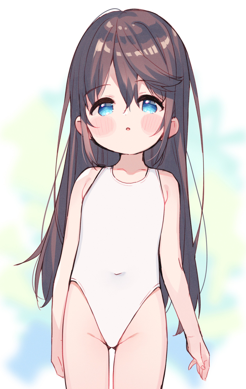 1girl :o bangs bare_arms bare_shoulders black_hair blue_eyes blurry blurry_background blush_stickers collarbone commentary_request covered_navel depth_of_field eyebrows_visible_through_hair groin hair_between_eyes highres long_hair looking_at_viewer meito_(maze) one-piece_swimsuit original parted_lips solo swimsuit very_long_hair white_swimsuit