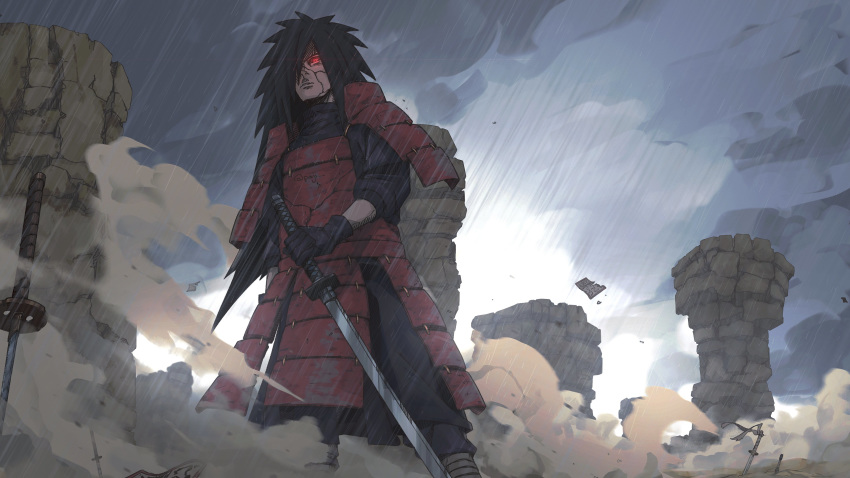 1boy absurdres armor artpaji black_gloves black_hair cliff debris gloves glowing glowing_eyes highres holding holding_sword holding_weapon japanese_armor long_hair looking_at_viewer looking_down naruto_(series) naruto_shippuuden outdoors rain smoke solo spiky_hair standing sword twitter_username uchiha_madara weapon