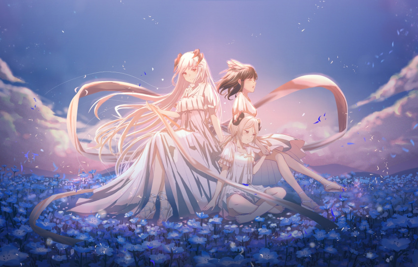 3girls arknights barefoot black_hair blue_flower blue_sky bow breasts closed_eyes closed_mouth clouds commentary_request crossed_legs curled_horns day dress field flower flower_field glasses grey_eyes highres holding_hands horns ifrit_(arknights) kinom_(sculpturesky) long_hair low_twintails multiple_girls open_mouth outdoors petals profile sandals saria_(arknights) short_sleeves short_twintails silence_(arknights) sitting sky small_breasts smile twintails very_long_hair white_bow white_dress white_footwear white_hair