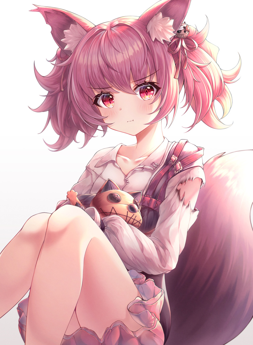 1girl :t absurdres animal_ear_fluff animal_ears arknights bare_legs collarbone feet_out_of_frame fox_ears fox_girl fox_tail frown hair_ornament highres ichizon knees_up long_hair long_sleeves looking_at_viewer miniskirt pink_hair pout red_eyes shamare_(arknights) shirt simple_background skirt solo strap stuffed_animal stuffed_toy tail torn_clothes torn_shirt twintails v-shaped_eyebrows white_background white_shirt