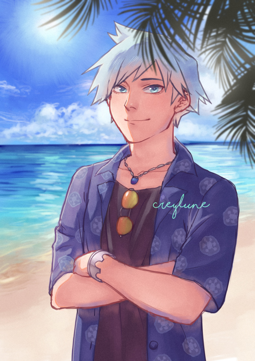 1boy absurdres blue_eyes blue_hair bracelet buttons closed_mouth clouds collarbone commentary_request crossed_arms day highres huge_filesize jen_(creylune) jewelry looking_at_viewer male_focus necklace outdoors pokemon pokemon_(game) pokemon_masters_ex sand shore short_hair short_sleeves signature sky smile solo steven_stone sunglasses undershirt water watermark