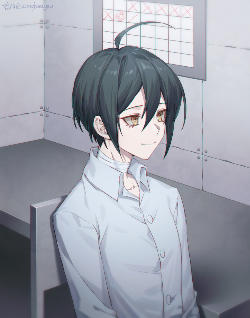 1boy ahoge bandaged_neck bandages bangs black_hair buttons chair closed_mouth collarbone collared_shirt commentary_request dangan_ronpa desk dress_shirt ewa_(seraphhuiyu) hair_between_eyes highres indoors long_sleeves male_focus new_dangan_ronpa_v3 saihara_shuuichi shirt short_hair sitting smile solo tile_wall tiles upper_body white_shirt wing_collar