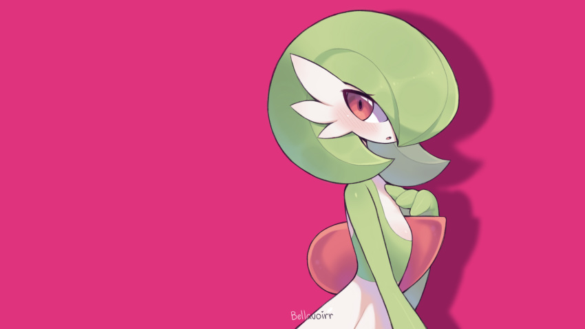 :o artist_name bellavoirr blush commentary eyelashes gardevoir gen_3_pokemon hand_up highres looking_to_the_side open_mouth pink_background pokemon pokemon_(creature) red_eyes simple_background solo tongue watermark white_skin