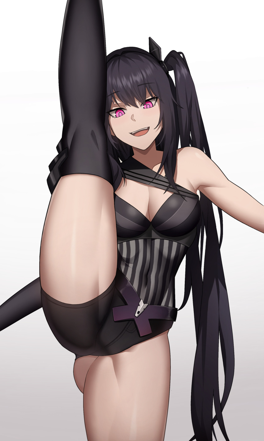 1girl architect_(girls_frontline) asymmetrical_clothes black_hair cero_(last2stage) commentary_request cowboy_shot eyebrows_visible_through_hair girls_frontline grin highres hip_vent korean_commentary leg_up long_hair one_side_up pink_eyes pinstripe_pattern smile solo split standing standing_on_one_leg standing_split striped thigh-highs very_long_hair white_background