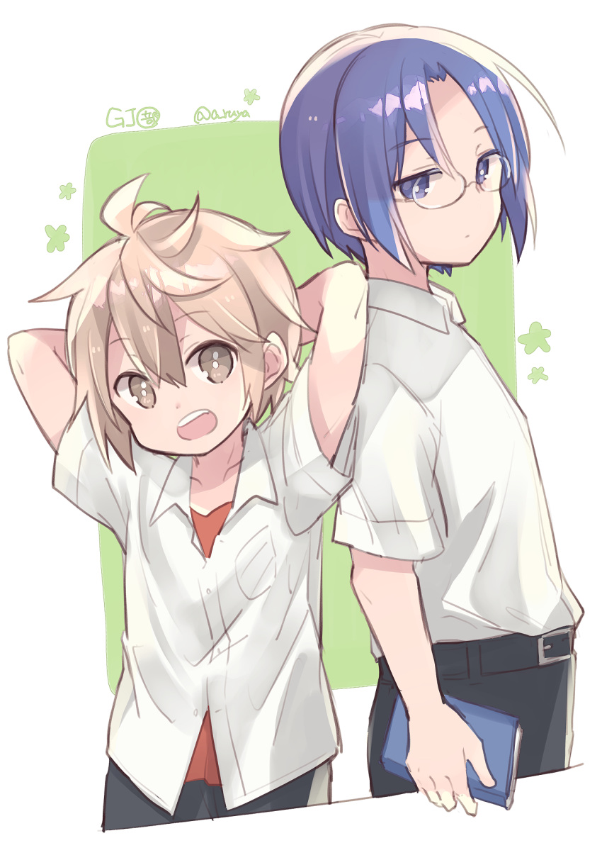 2boys :d arms_behind_head arms_up aruya_(flosrota) bangs belt belt_buckle black_belt black_pants blue_eyes blue_hair book brown_eyes brown_hair buckle character_request closed_mouth collared_shirt eyebrows_visible_through_hair gj-bu glasses green_background hair_between_eyes highres holding holding_book male_focus multiple_boys open_mouth pants parted_bangs school_uniform shirt short_sleeves smile twitter_username two-tone_background upper_teeth white_background white_shirt