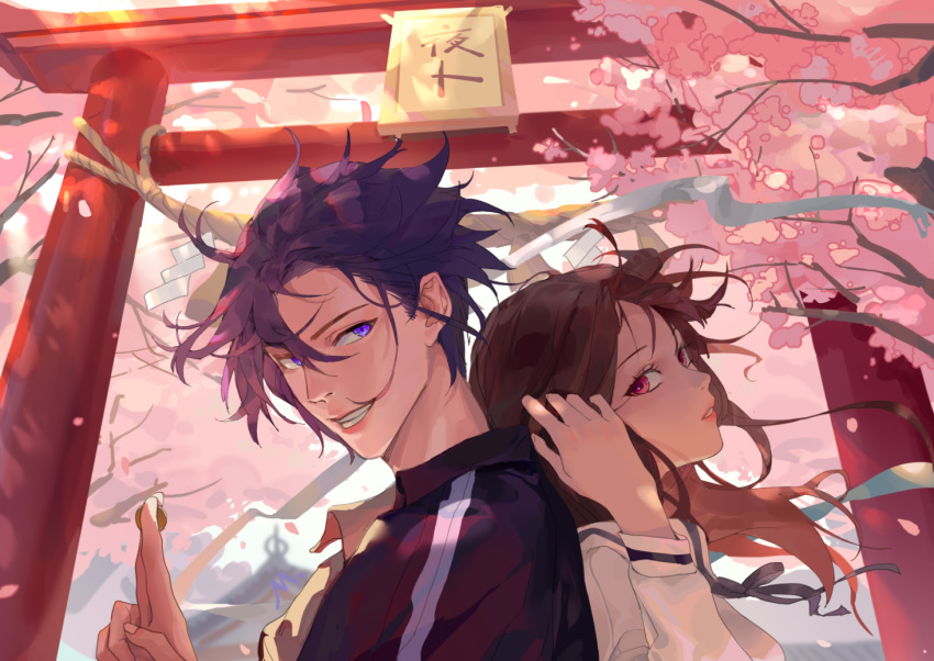 1boy 1girl back-to-back black_neckwear blue_eyes brown_hair cherry_blossoms coin fingernails hair_between_eyes holding holding_coin iki_hiyori mmmilk noragami outdoors parted_lips petals pink_eyeshadow pink_lips purple_hair signature smile teeth torii tree upper_body yato_(noragami)