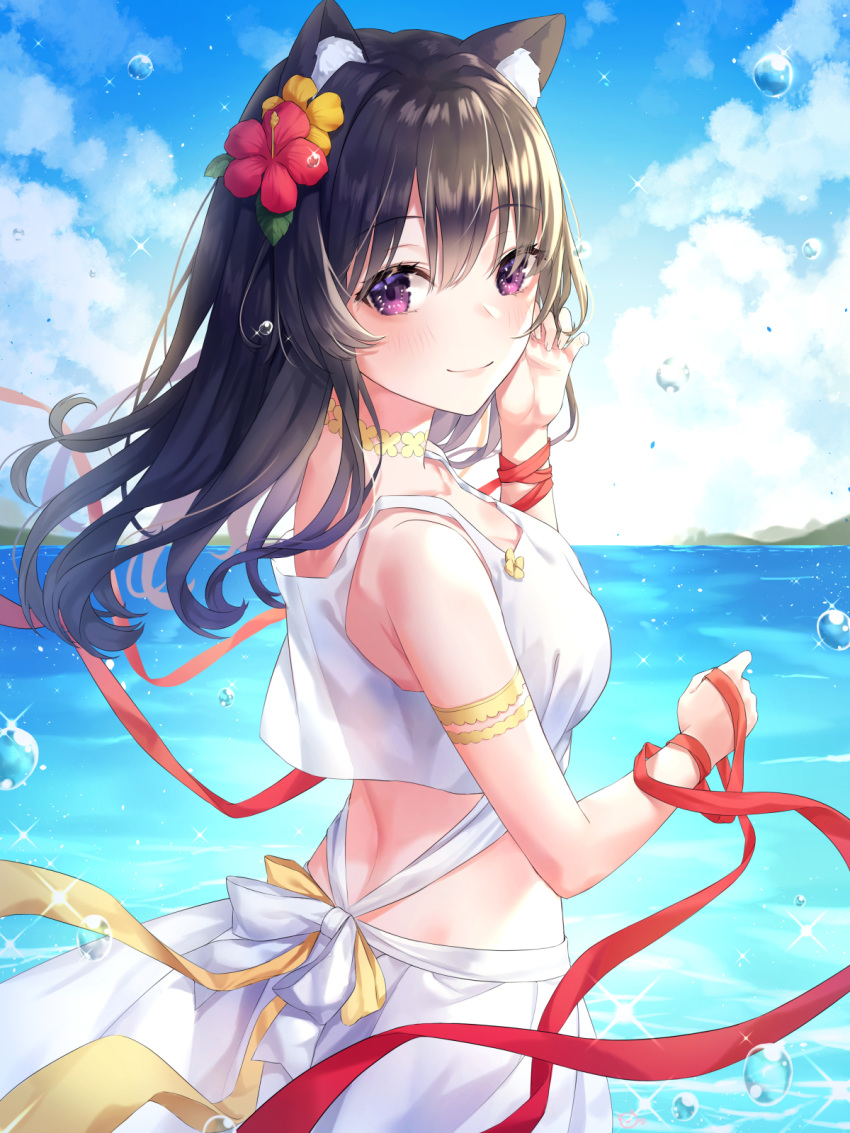 1girl animal_ear_fluff animal_ears armband bare_shoulders black_hair blue_sky breasts bubble cat_ears choker clouds crop_top crop_top_overhang day flower hair_flower hair_ornament hibiscus highres long_hair looking_at_viewer looking_back medium_breasts midriff ocean original outdoors red_ribbon ribbon shirt skirt sky sleeveless sleeveless_shirt smile solo soyubee standing violet_eyes water white_shirt white_skirt