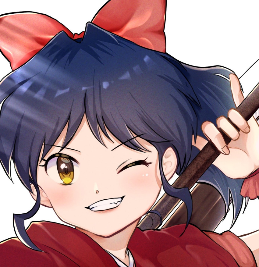 1girl black_hair bow braid fang grin hair_bow han'you_no_yashahime highres holding holding_weapon inuyasha japanese_clothes long_hair moroha ponytail portrait ready_to_draw red_bow sidelocks single_braid smile solo tondamanuke weapon white_background wrist_cuffs yellow_eyes