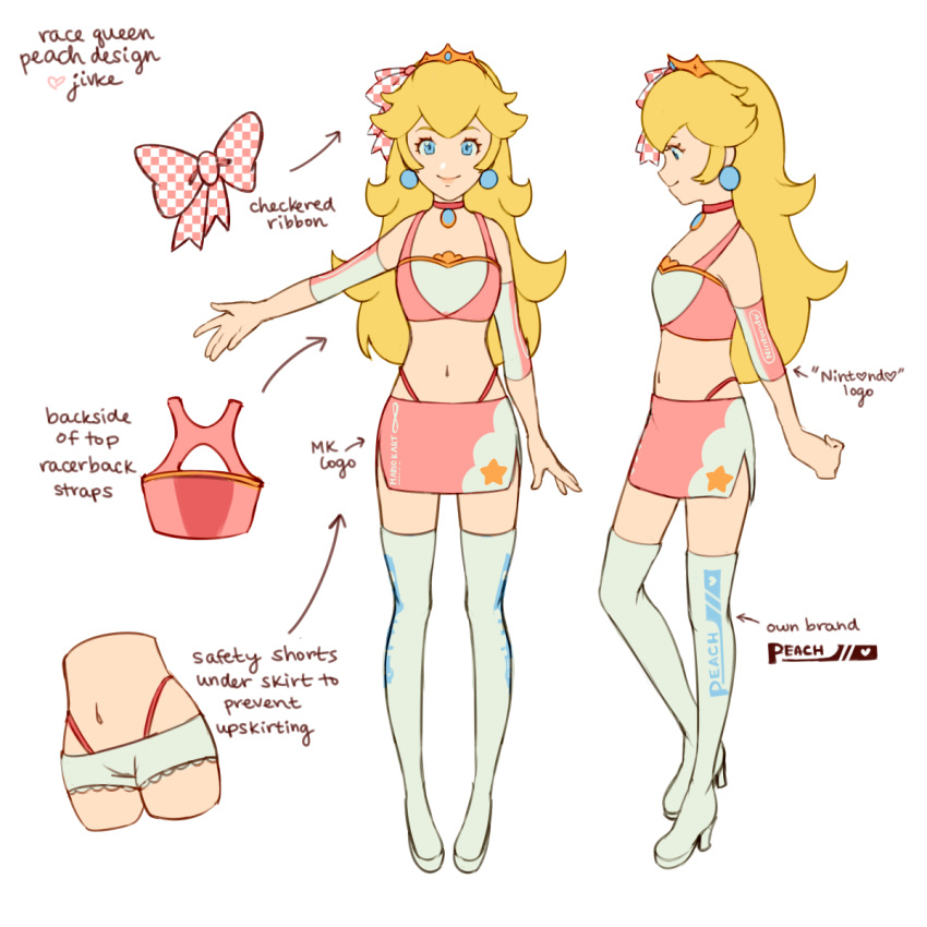 1girl alternate_costume alternate_hairstyle blonde_hair blue_eyes boots checkered checkered_ribbon earrings english_commentary english_text high_heels highres jewelry jivke knee_boots looking_at_viewer looking_to_the_side super_mario_bros. navel pale_skin panties ponytail princess_peach reference_sheet ribbon short_shorts shorts simple_background skirt star_(symbol) string_panties underwear white_background