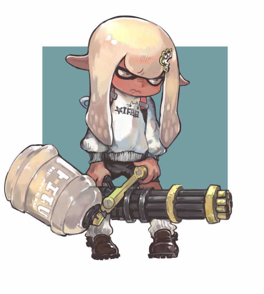 1girl absurdres angry black_shorts brown_footwear closed_mouth frown full_body gatling_gun hair_ornament hairpin highres inkling mask pointy_ears shirt shorts socks solo splatoon_(series) splatoon_2 tentacle_hair weapon white_eyes white_hair white_shirt