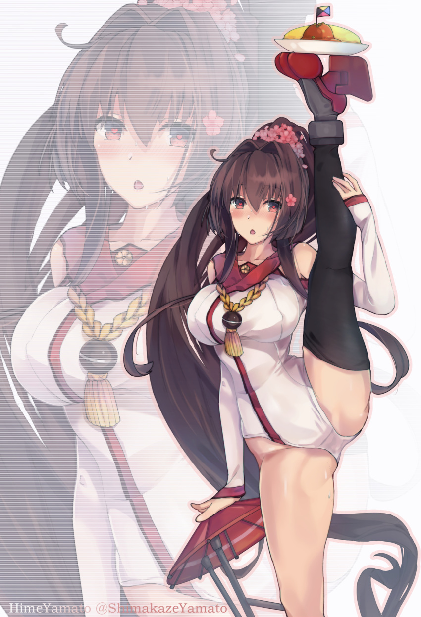 1girl adapted_costume bangs blush breasts brown_eyes brown_hair cherry_blossoms eyebrows_visible_through_hair flexible flower hair_flower hair_ornament highres himeyamato kantai_collection large_breasts leg_lift leg_up leotard long_hair looking_at_viewer open_mouth ponytail rudder_footwear split standing standing_on_one_leg standing_split thighs umbrella very_long_hair yamato_(kantai_collection) zoom_layer