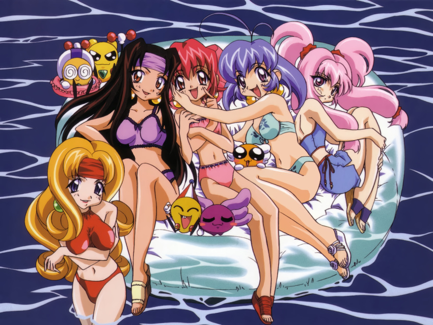 1990s_(style) 5girls akihabara_dennou_gumi antenna_hair bikini blonde_hair blue_eyes blue_hair brown_eyes brown_hair earrings eyebrows_visible_through_hair fetal_position hanakoganei_hibari headband higashijuujou_tsugumi inflatable_raft jewelry kotobuki_tsukasa long_hair looking_at_viewer multiple_girls navel official_art open_mouth otorii_tsubame pink_eyes pink_hair red_eyes redhead sakurajosui_suzume sandals sengakuji_kamome short_hair sidelocks swimsuit two_side_up wading water wavy_hair