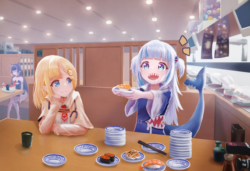 3girls :d absurdres aqua_hair bangs blonde_hair blunt_bangs bowl chopsticks commentary_request drooling eyebrows_visible_through_hair food_request gawr_gura gloom_(expression) grin hand_on_own_chin head_rest highres holding holding_bowl hololive hololive_english indoors karorena long_hair medium_hair mixed-language_commentary monocle_hair_ornament multicolored_hair multiple_girls ninomae_ina'nis open_mouth restaurant saliva shark_hair_ornament shark_tail sharp_teeth sitting smile stethoscope table tail teeth two-tone_hair virtual_youtuber watson_amelia white_hair