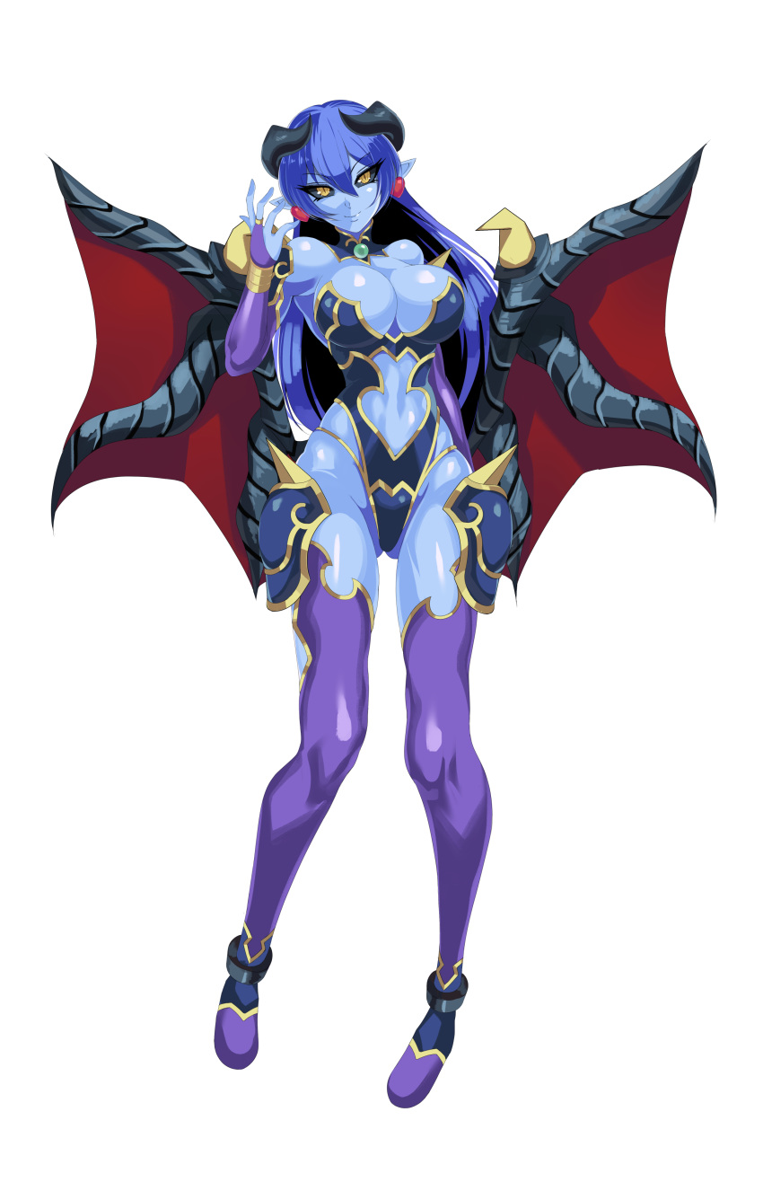 1girl absurdres astaroth_(shinrabanshou) black_sclera blue_skin breasts clothing_cutout demon_girl demon_tail earrings heart heart_earrings highleg highleg_leotard highres jewelry large_breasts leotard long_hair looking_at_viewer navel_cutout pointy_ears red_wings shinrabanshou shiny shiny_hair shiny_skin smile solo standing succubus tail thigh-highs transparent_background volyz wings yellow_eyes