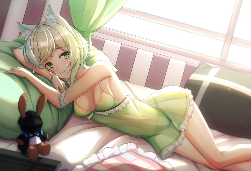 1girl animal_ear_fluff animal_ears arknights backlighting blush breasts breasts_apart cat_ears green_eyes green_hair highres kal'tsit_(arknights) lingerie looking_at_viewer lying medium_breasts ml_devil23333 negligee on_bed on_side smile solo thigh_gap underwear