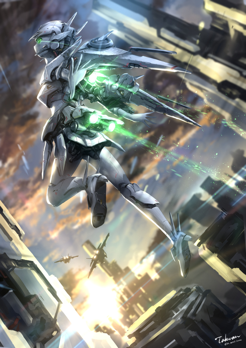 1girl absurdres aircraft airplane building fighter_jet glowing glowing_eyes green_eyes high_heels highres jet jet_engine mecha_musume mechanical_parts military military_vehicle original robot science_fiction skyscraper sunset takuan_(a_mood_home) wings