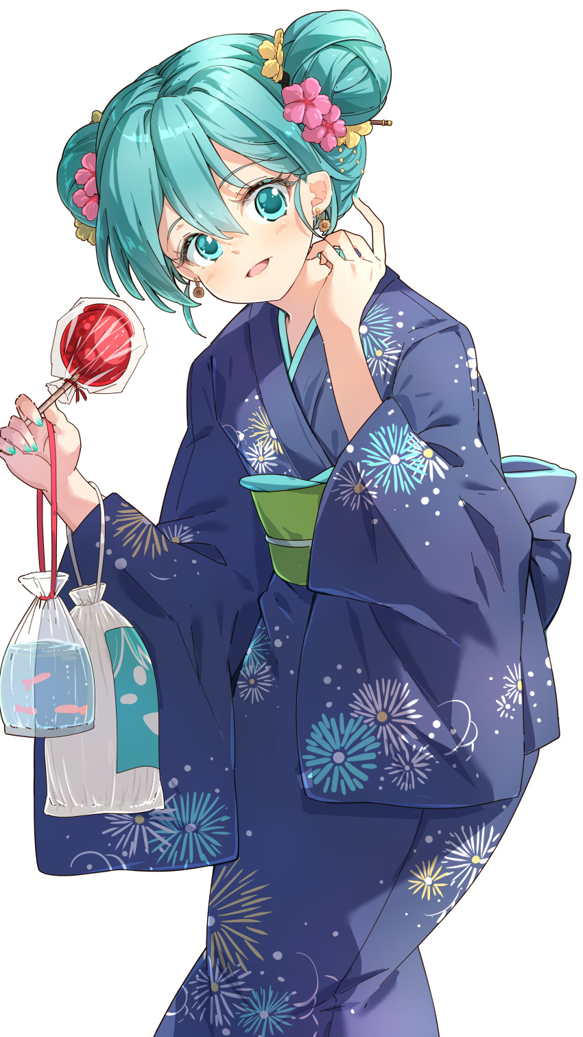 1girl absurdres aqua_eyes aqua_hair bag bagged_fish bangs blue_kimono blush candy_apple commission darjeeling_(reley) double_bun eyebrows_visible_through_hair fish floral_print flower food hair_between_eyes hair_flower hair_ornament hands_up highres holding holding_food japanese_clothes kimono long_sleeves looking_at_viewer obi open_mouth original pink_flower print_kimono sash simple_background skeb_commission solo water white_background wide_sleeves yellow_flower