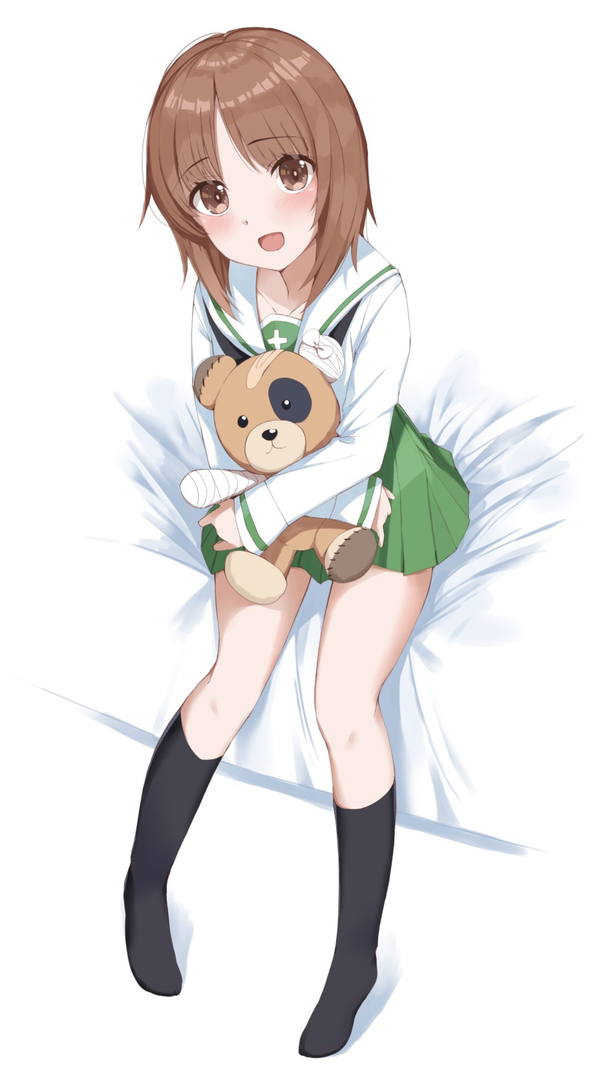 1girl absurdres bandages bandaid bangs bed black_legwear black_neckwear blouse boko_(girls_und_panzer) brown_eyes brown_hair commentary eyebrows_visible_through_hair girls_und_panzer green_skirt highres holding holding_stuffed_toy long_sleeves looking_at_viewer marie_(pixiv31942978) miniskirt neckerchief nishizumi_miho no_shoes on_bed ooarai_school_uniform open_mouth pleated_skirt sailor_collar school_uniform serafuku short_hair sitting skirt smile socks solo stuffed_animal stuffed_toy teddy_bear white_background white_blouse white_sailor_collar