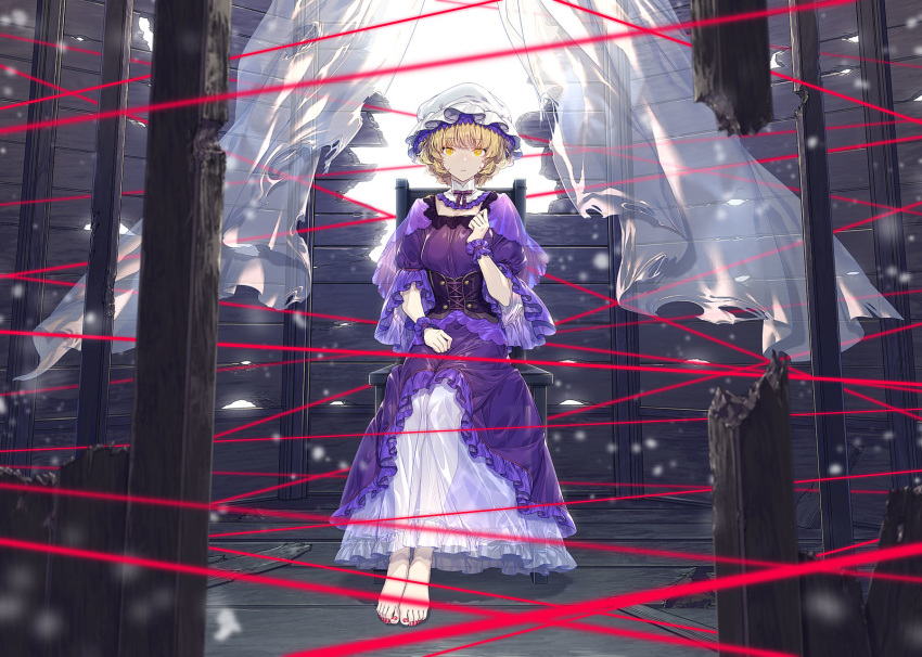 1girl alternate_costume bangs barefoot blonde_hair bow breasts chair curtains dress feet frilled_dress frills full_body hat highres indoors long_dress long_sleeves looking_at_viewer maribel_hearn medium_breasts mob_cap nail_polish purple_dress red_nails short_hair sitting solo toenail_polish toenails toes touhou translucent wide_sleeves window wrist_cuffs yellow_eyes zounose
